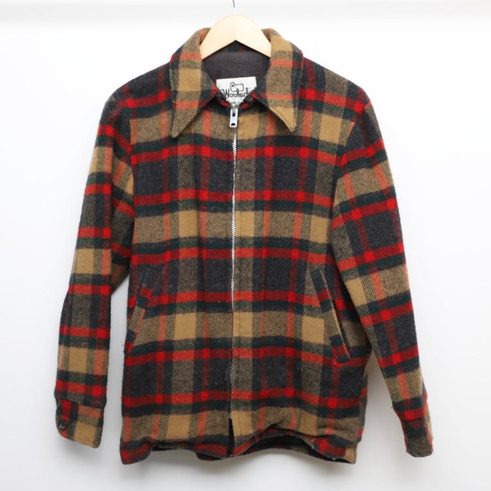 Vintage 1970’s Woolrich Men's Zip-Up Plaid Sweater - Red, Black, and Tan